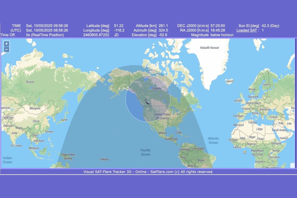 La cápsula soviética Kosmos 482 sobrevuela el oeste de Canadá en los últimos instantes antes de su reentrada, según el rastreador en tiempo real SatFlare