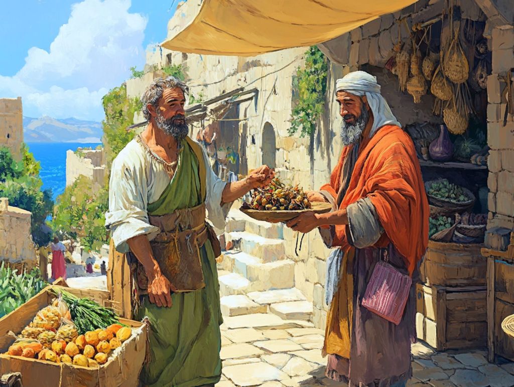 Recreación fantasiosa de un mercado de la antigüedad