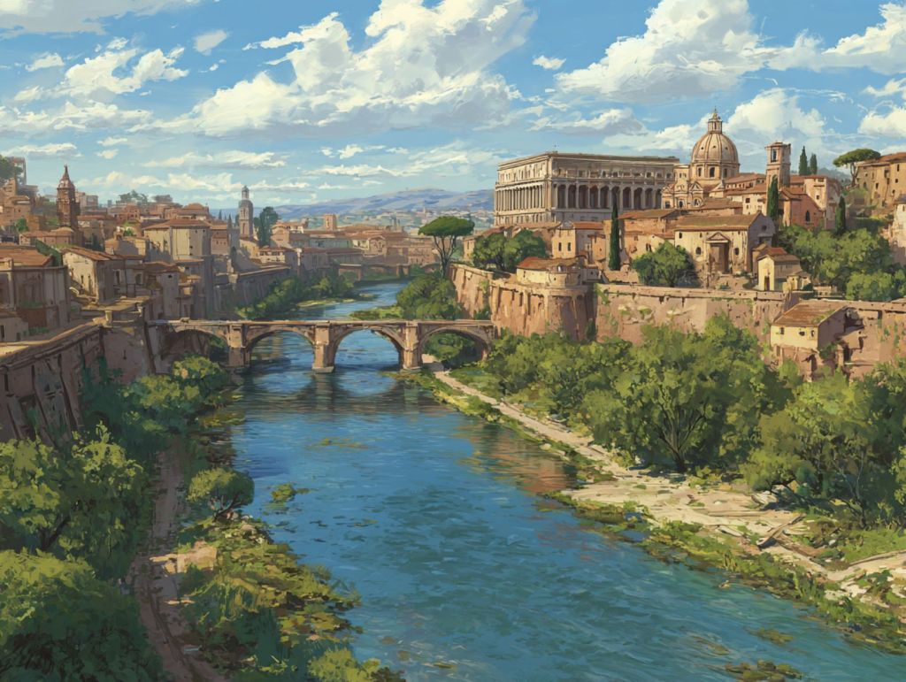 Recreación fantasiosa de una ciudad atravesada por un río