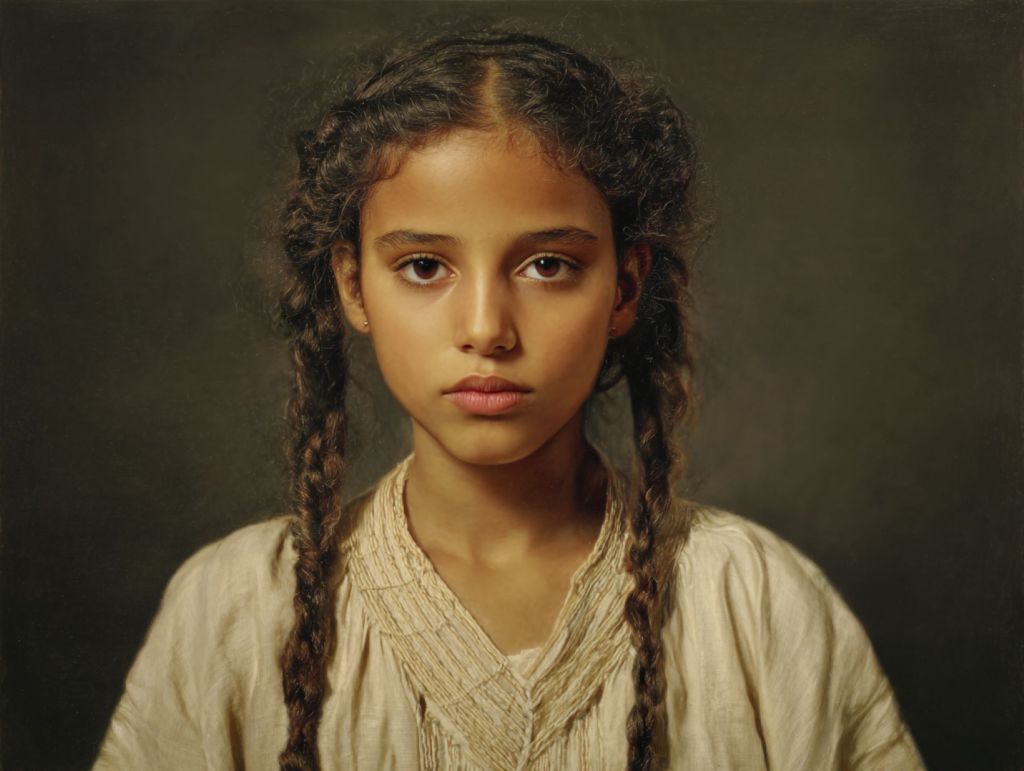 Muchacha con camisa de lino y trenzas