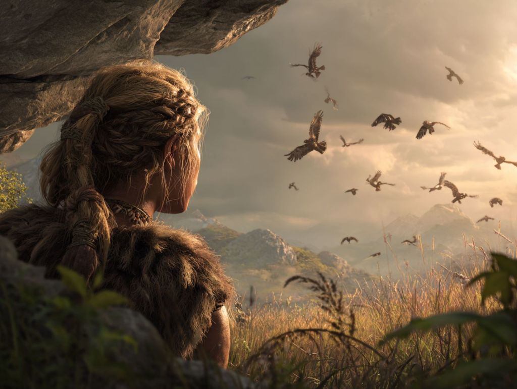 Mujer neandertal y pájaros