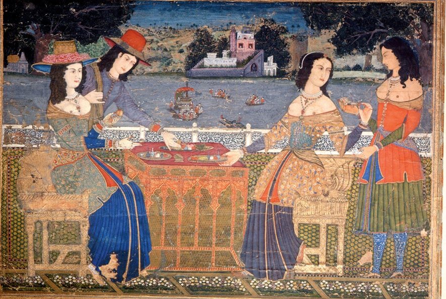 Ilustración del siglo XVII de colonas europeas con ropas típicamente indias