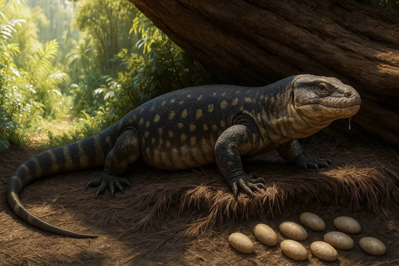 Reconstrucción artística que muestra a Bolg amondol acercándose a un nido de dinosaurios ovirraptorosaurios, una escena que ilustra cómo pudo haber sido su aspecto y comportamiento en vida