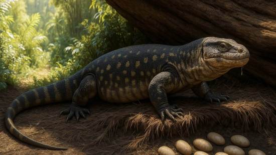Reconstrucción artística que muestra a Bolg amondol acercándose a un nido de dinosaurios ovirraptorosaurios, una escena que ilustra cómo pudo haber sido su aspecto y comportamiento en vida