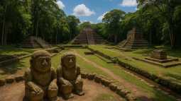 Representación artística imaginada de cómo pudo haber lucido la antigua ciudad maya de Los Abuelos, basada en descripciones arqueológicas del hallazgo