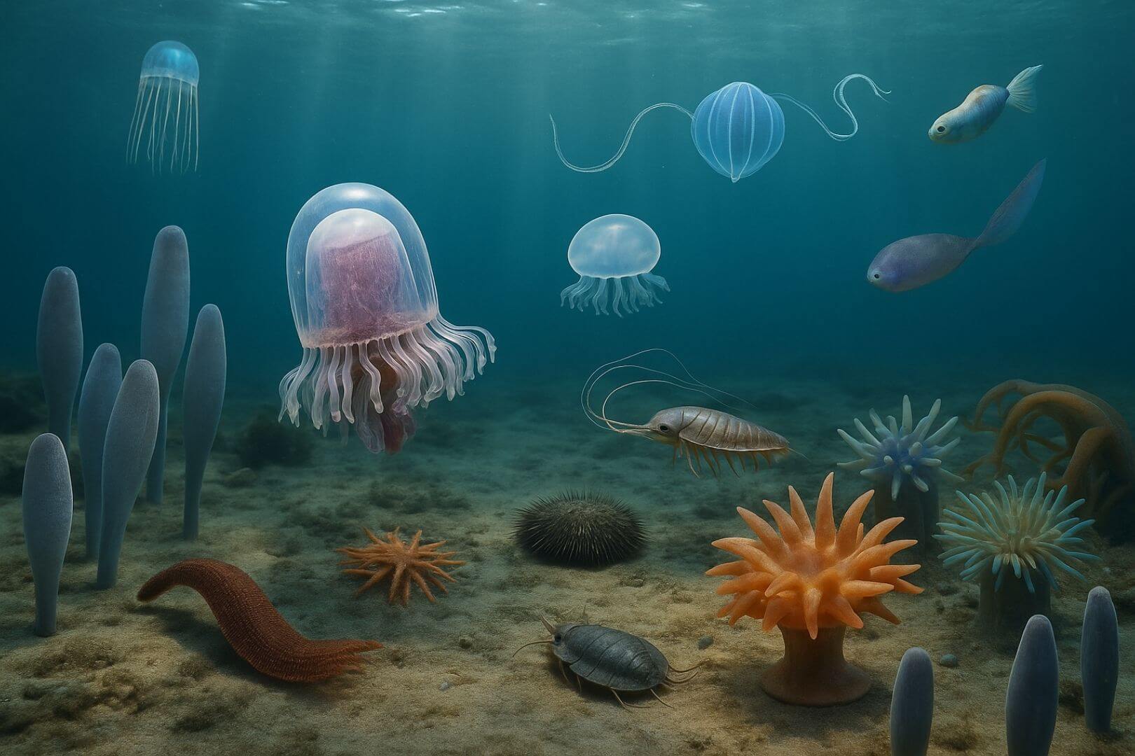 Recreación artística de un ecosistema marino del Cámbrico temprano, poblado por criaturas extrañas y fascinantes que marcaron el inicio de la vida compleja en la Tierra