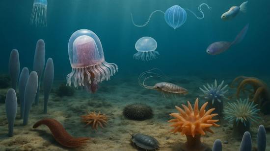 Recreación artística de un ecosistema marino del Cámbrico temprano, poblado por criaturas extrañas y fascinantes que marcaron el inicio de la vida compleja en la Tierra
