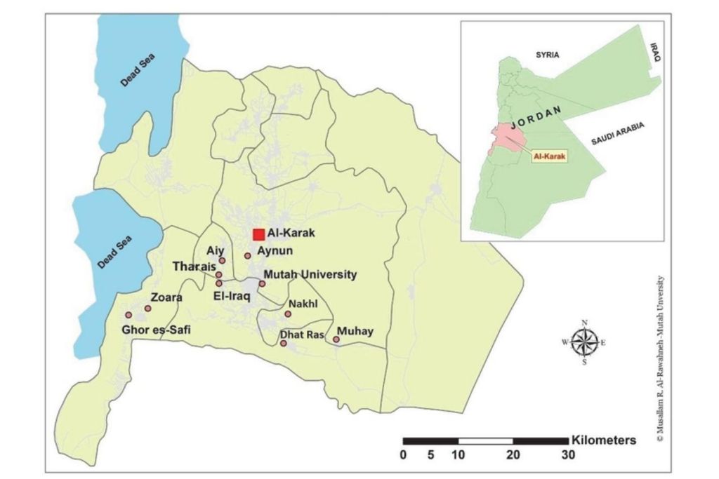 Representación cartográfica del sur de Jordania donde se indica el lugar exacto donde fue identificada la antigua ciudad de Tharais