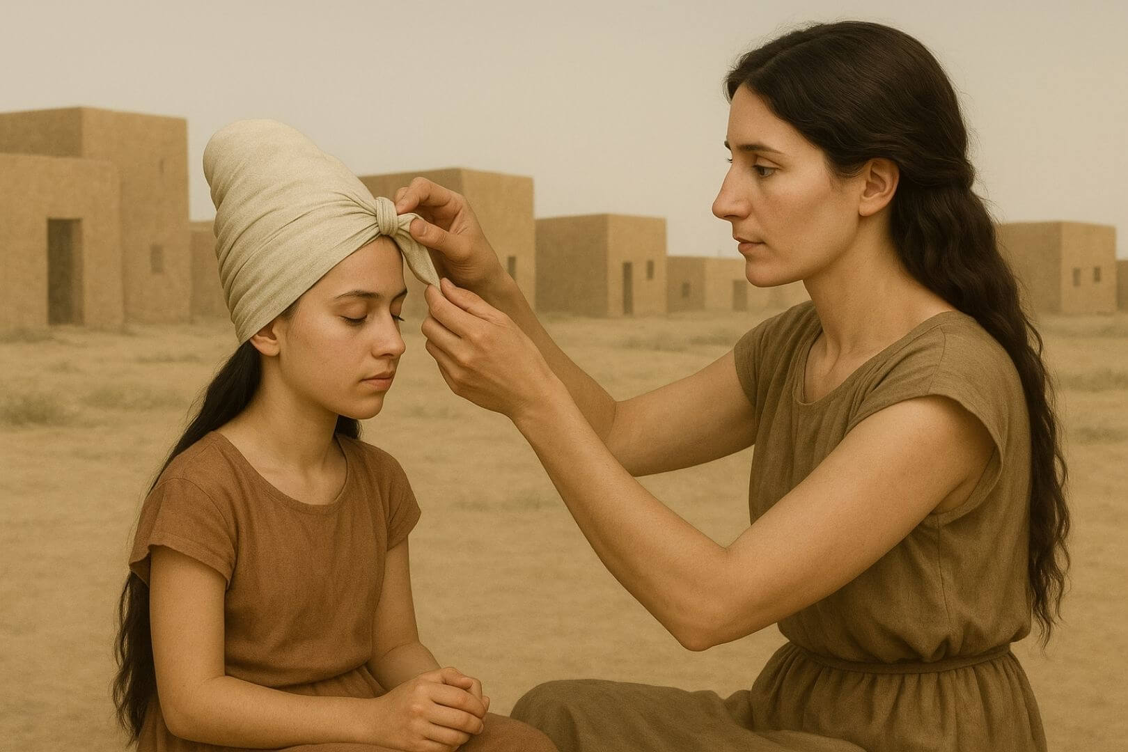 Recreación fantasiosa de una madre preparando el vendaje craneal de su hija en una aldea prehistórica del suroeste de Irán, una práctica estética que buscaba moldear la identidad desde la infancia