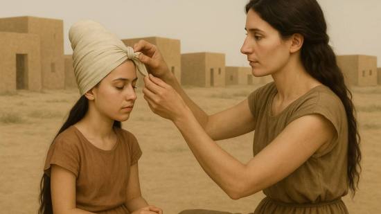 Recreación fantasiosa de una madre preparando el vendaje craneal de su hija en una aldea prehistórica del suroeste de Irán, una práctica estética que buscaba moldear la identidad desde la infancia
