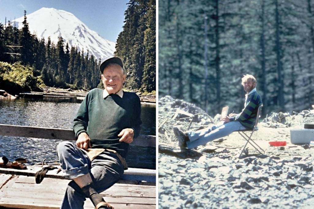 David A. Johnston (derecha), joven vulcanólogo del Servicio Geológico de EE.UU., y Harry R. Truman (izquierda), propietario del Spirit Lake Lodge, se convirtieron en símbolos opuestos del Monte Santa Helena