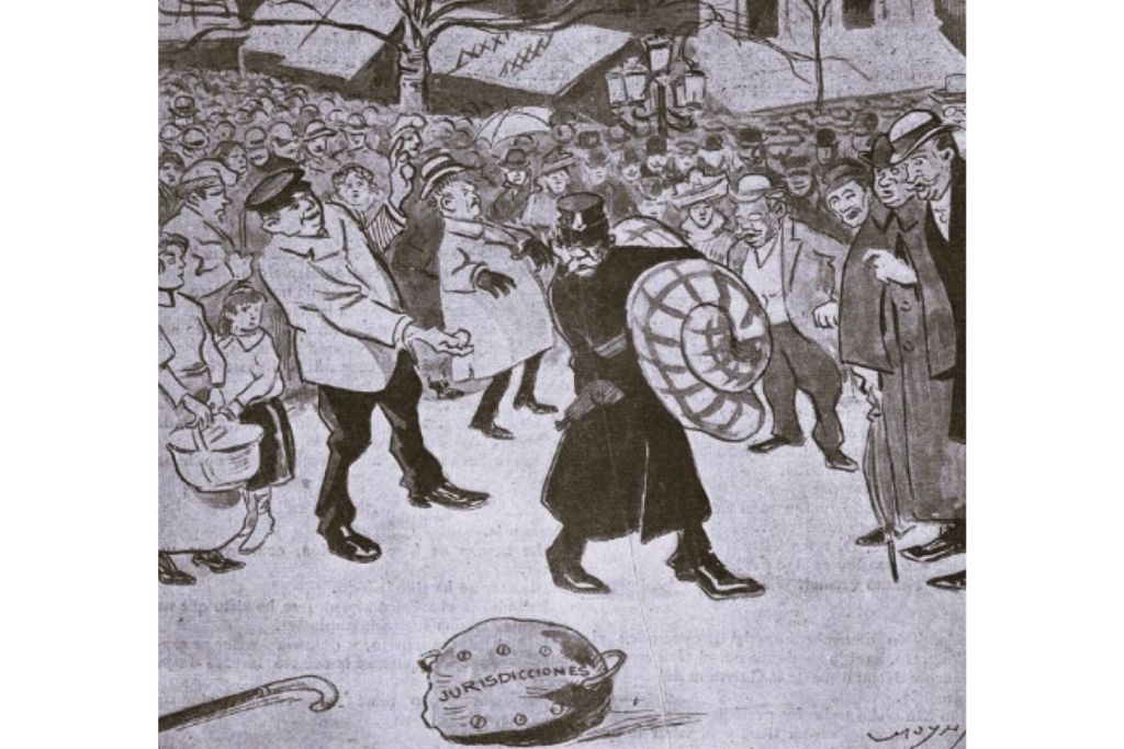 Viñeta donde puede verse a un policía haciendo uso de un colchón para retirar un artefacto explosivo. Gedeón, 1906