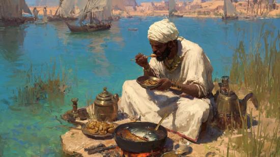 Un trabajador comiendo junto a un río