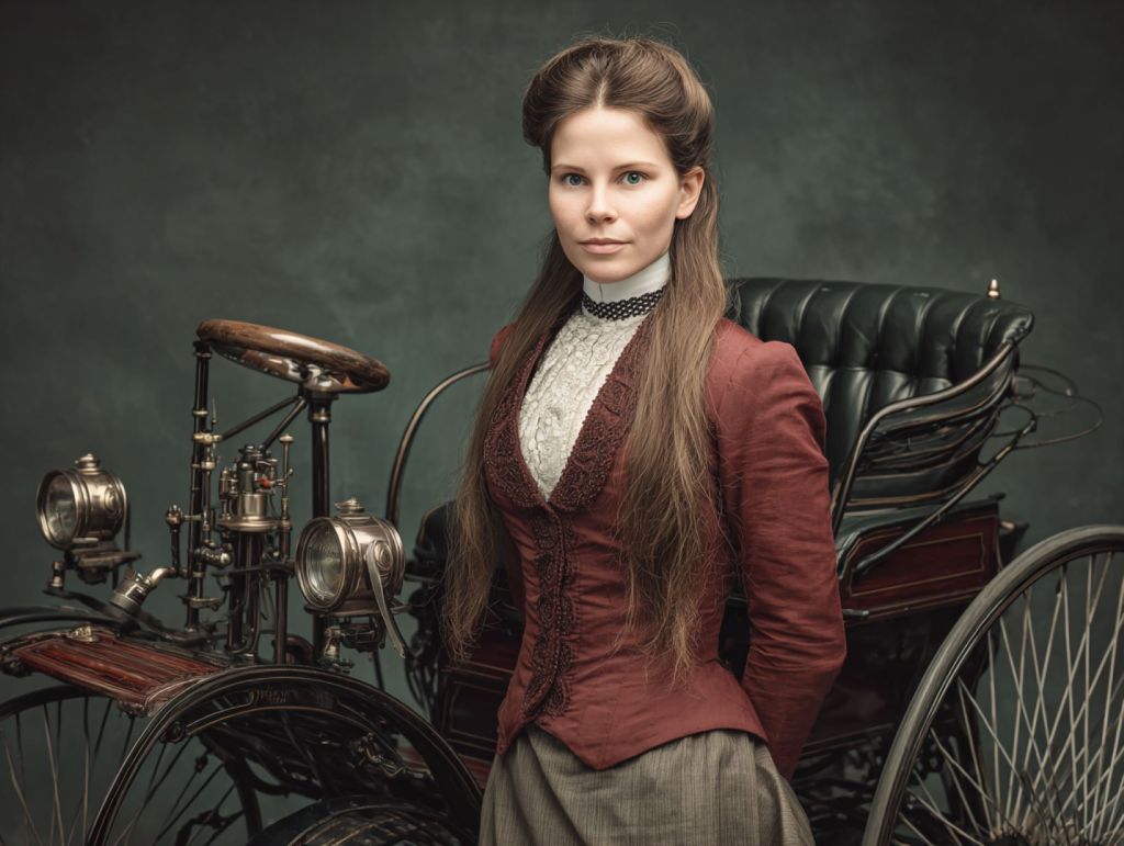Mujer decimonónica junto a un coche