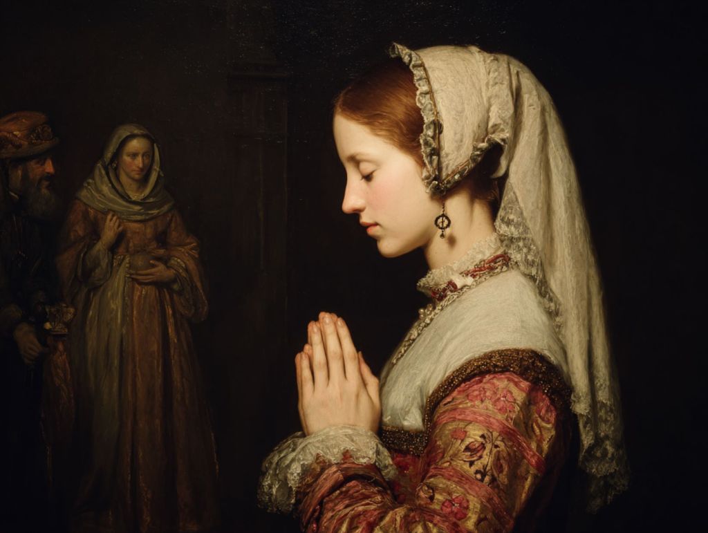 Mujer rezando ante una imagen sacra