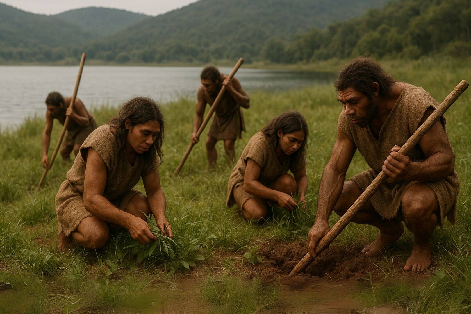 Recreación artística recolectando plantas y raíces con herramientas de madera hace 300.000 años en Asia oriental