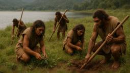 Recreación artística recolectando plantas y raíces con herramientas de madera hace 300.000 años en Asia oriental