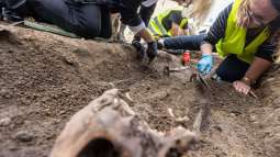 Hallan en Gdansk el esqueleto completo de un caballero medieval bajo una lápida de lujo