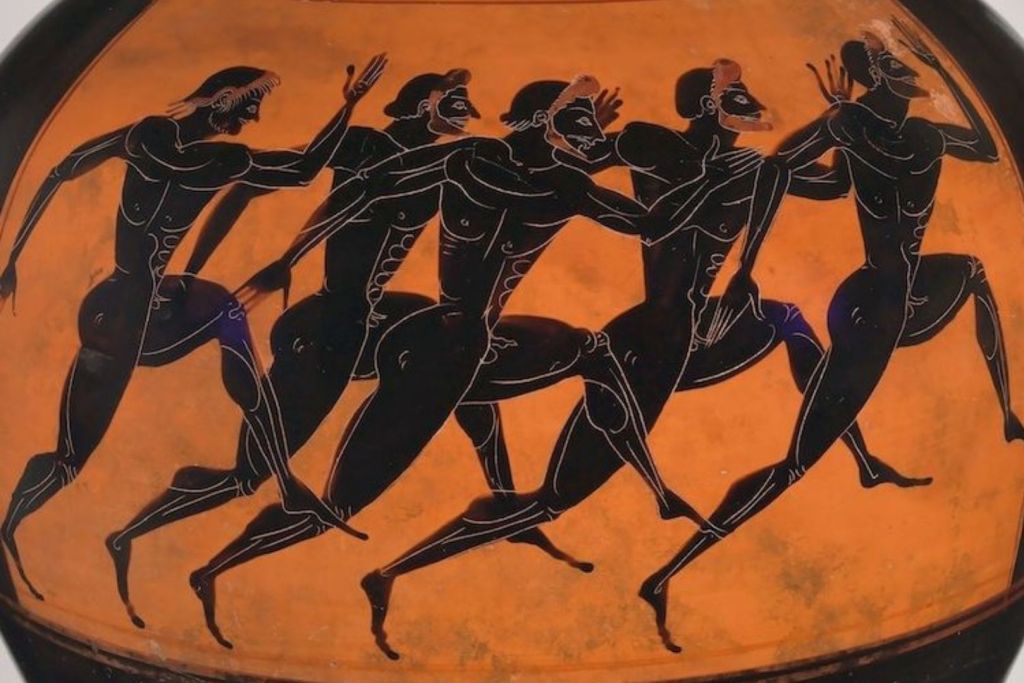 En esta ánfora panatenaica se representa a algunos atletas corriendo, capturados en pleno esfuerzo durante una competición a pie