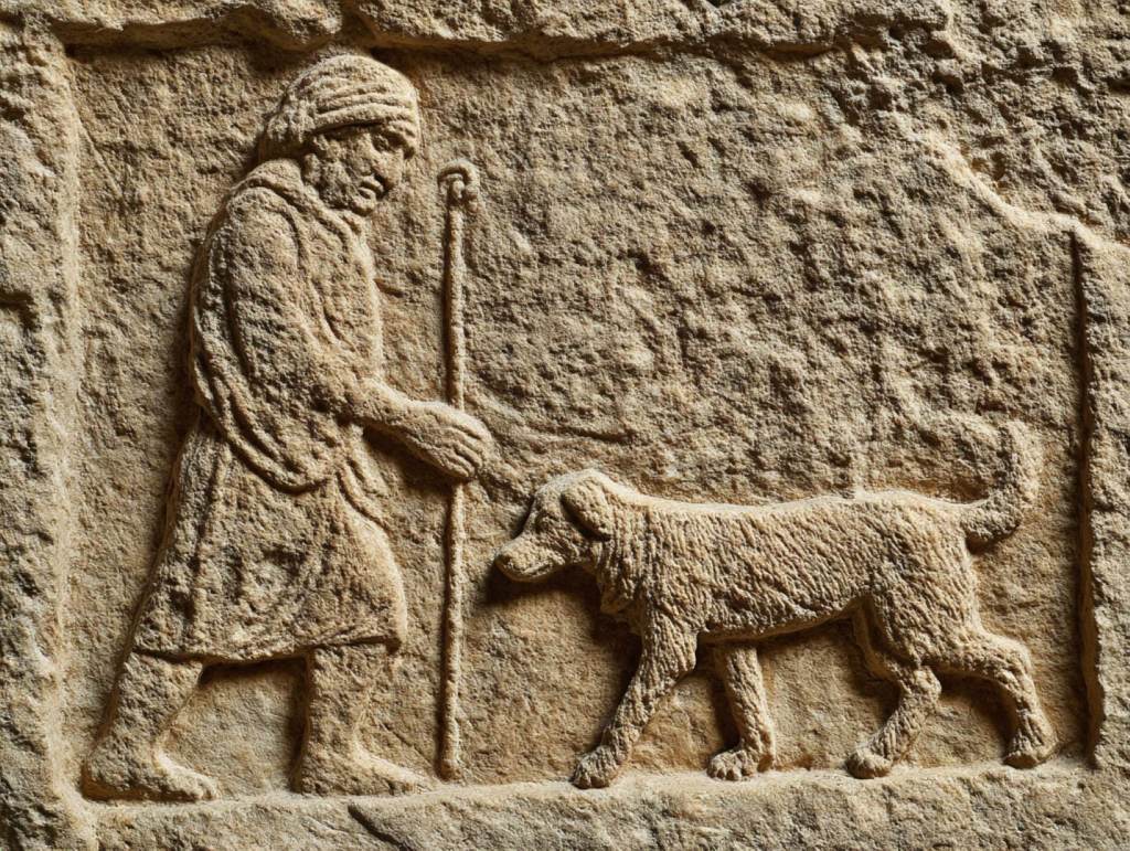 Relieve ficticio de un hombre y un perro