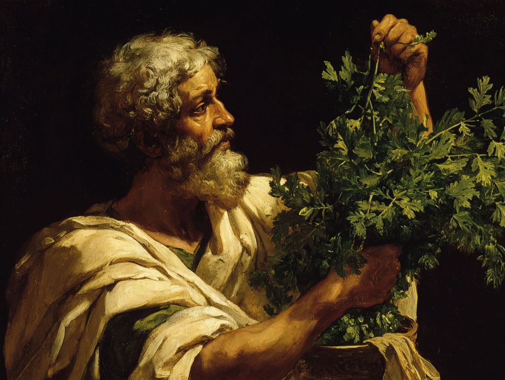 Médico de la antigüedad examinando una planta