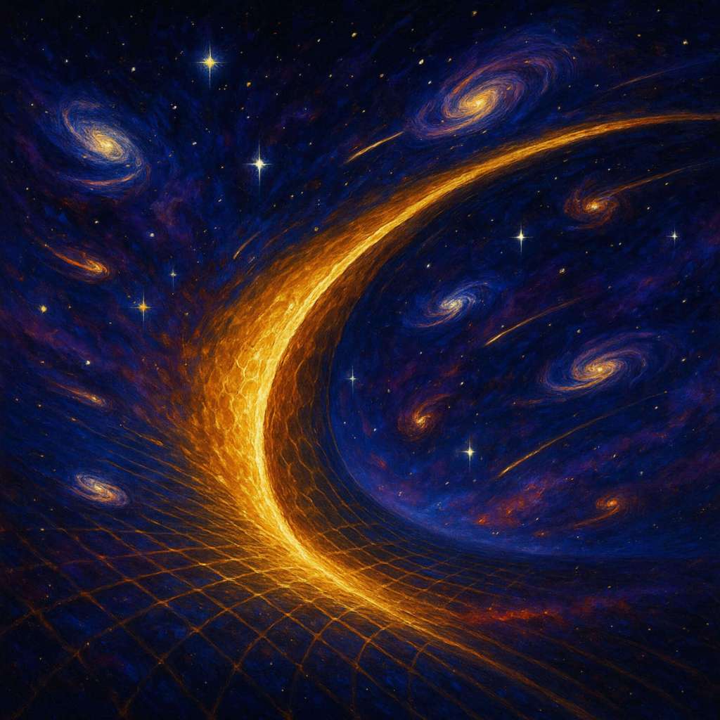 La curvatura del espacio-tiempo (parábola dorada) impulsa la expansión exponencial del universo, característica de la solución De Sitter en gravedad modificada f (R ). Galaxias y estrellas cefeidas ilustran la aceleración constante gobernada por la geometría de f (R ).