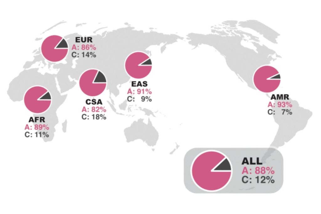 Hoy, alrededor del 97 % de la población mundial porta al menos una copia de las variantes genéticas modernas que reducen la expresión del gen ADSL