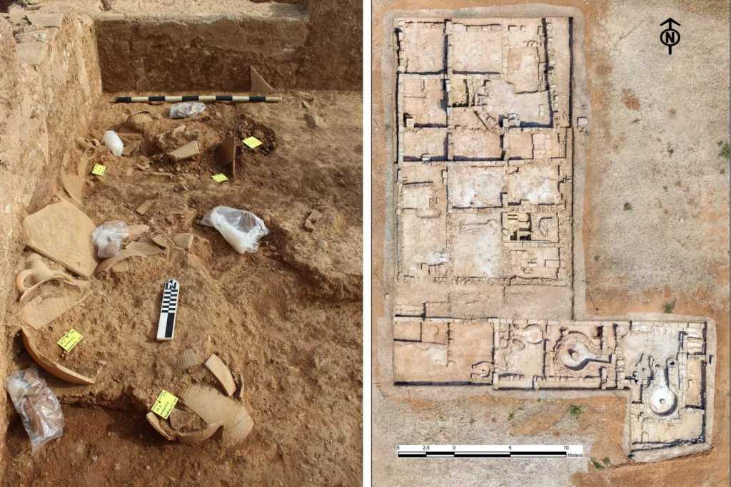 Los investigadores descubrieron monedas antiguas y fragmentos de cerámica dispersos por el yacimiento arqueológico (izquierda). Vista aérea del conjunto de edificaciones, donde se ha señalado en rojo la tienda de vinos (derecha)