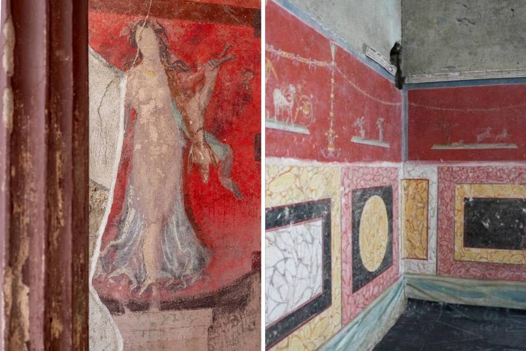 Los fragmentos restaurados del muro del salón revelan una ornamentación exquisita, con detalles que realzan la atmósfera ceremonial del espacio