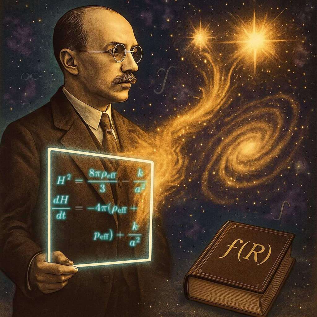 Alexander Friedmann y sus famosas ecuaciones que llevan su nombre en la teoría f (R ), caracterizado por el fluido efectivo que es la suma del “fluido ordinario” y del “fluido oscuro”.