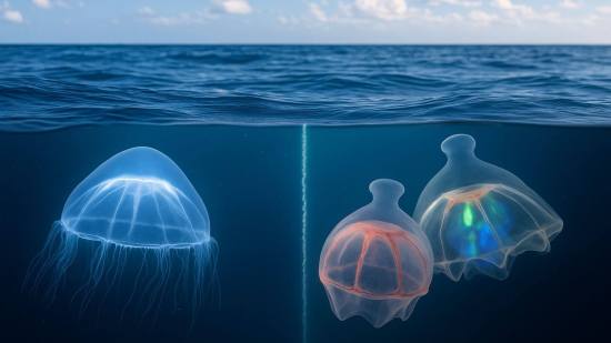 Recreación artística de la medusa Botrynema brucei ellinorae mostrando la frontera biogeográfica invisible en el Atlántico Norte