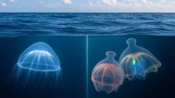 Recreación artística de la medusa Botrynema brucei ellinorae mostrando la frontera biogeográfica invisible en el Atlántico Norte