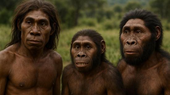 Recreación artística de tres especies homínidas que habitaron Sudáfrica hace 2 millones de años