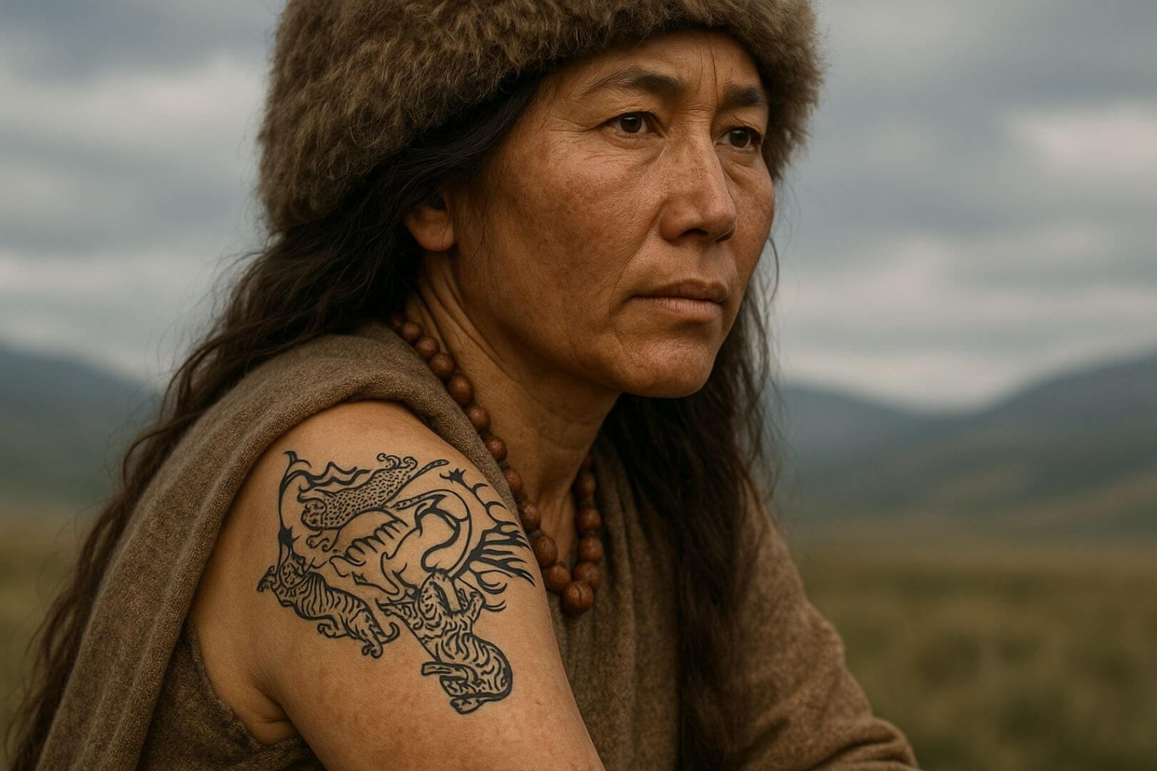Reconstrucción realista de una mujer siberiana de hace 2.300 años, mostrando un tatuaje con motivos animales hallado en momias de la cultura Pazyryk en las estepas de Altái