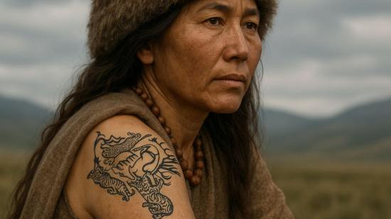 Reconstrucción realista de una mujer siberiana de hace 2.300 años, mostrando un tatuaje con motivos animales hallado en momias de la cultura Pazyryk en las estepas de Altái