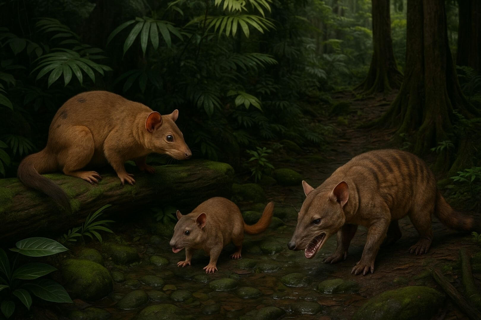 Representación artística de los tres nuevos marsupiales carnívoros descubiertos en Australia