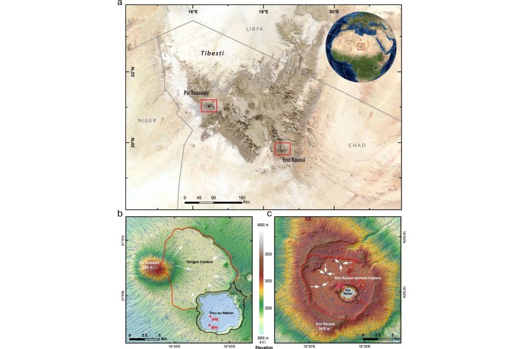 Imagen satelital del macizo del Tibesti, acompañada de mapas detallados que muestran de cerca los cráteres de Trou au Natron y Era Kohor