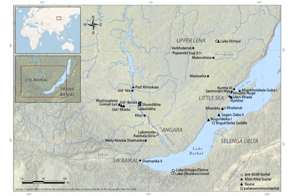 Mapa de la región de Cis-Baikal con la división en microregiones y los principales yacimientos analizados en el estudio