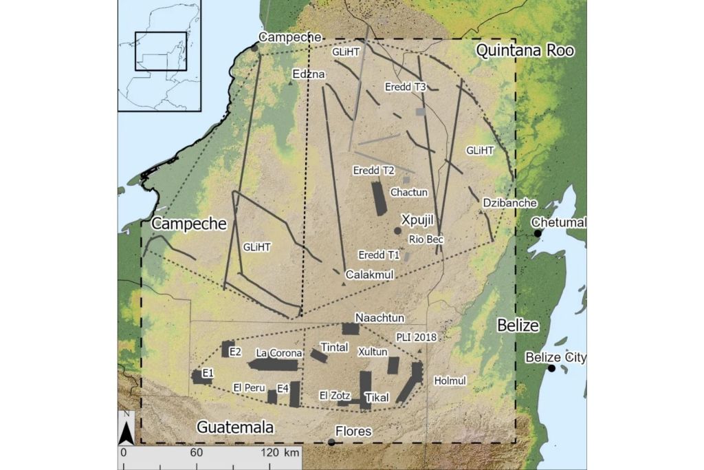 Mapa de la zona estudiada en las tierras bajas mayas. Las líneas y polígonos indican las áreas donde se tomaron muestras de datos LiDAR, mientras que las líneas punteadas delimitan las regiones norte y sur analizadas en la investigación