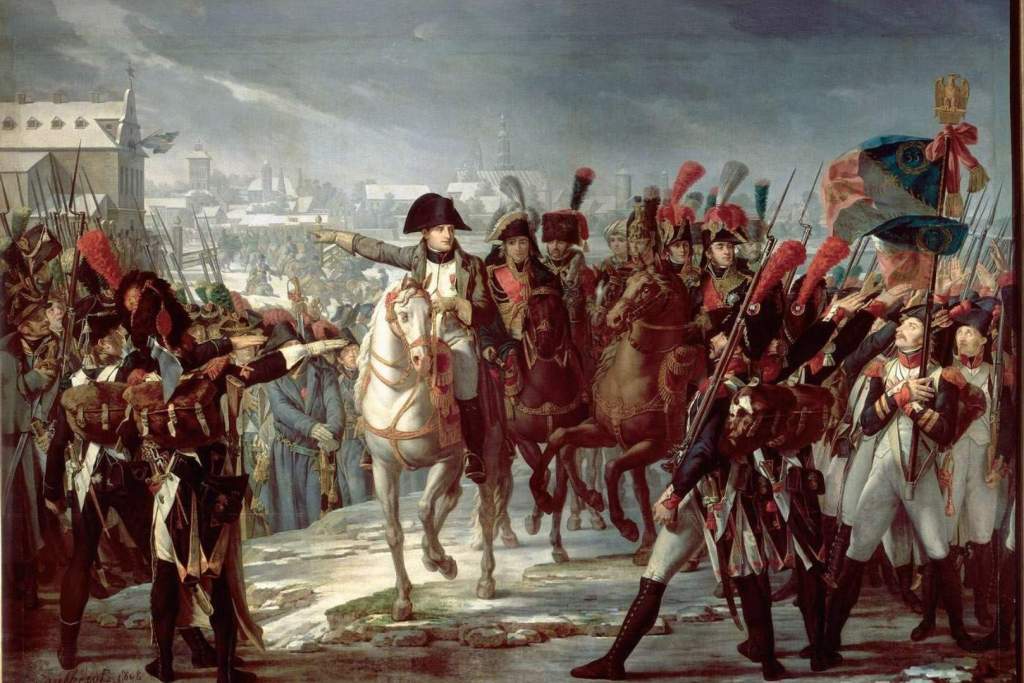 Napoleón arengando a sus tropas en el puente del río Lech, en Augsburgo, pintura de Claude Gautherot