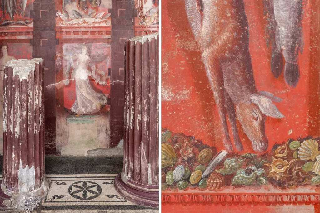 Uno de los fragmentos del fresco representa una curiosa escena con mariscos y animales, integrada en el simbolismo ritual del conjunto