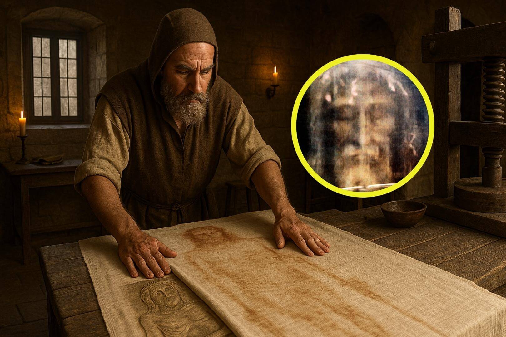 Recreación artística de un taller medieval donde un artesano imprime la imagen de la Sábana Santa sobre un lienzo usando un relieve, técnica que los estudios modernos proponen como origen del famoso sudario