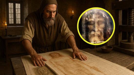 Recreación artística de un taller medieval donde un artesano imprime la imagen de la Sábana Santa sobre un lienzo usando un relieve, técnica que los estudios modernos proponen como origen del famoso sudario