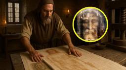 Recreación artística de un taller medieval donde un artesano imprime la imagen de la Sábana Santa sobre un lienzo usando un relieve, técnica que los estudios modernos proponen como origen del famoso sudario