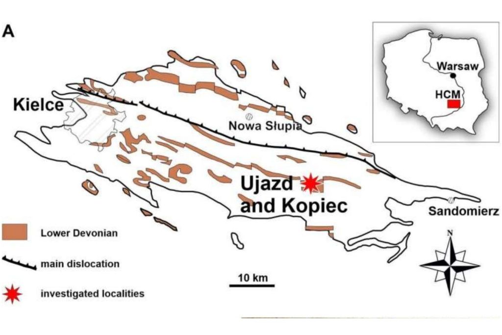 Ubicación de los afloramientos fosilíferos estudiados en las zonas de Ujazd y Kopiec