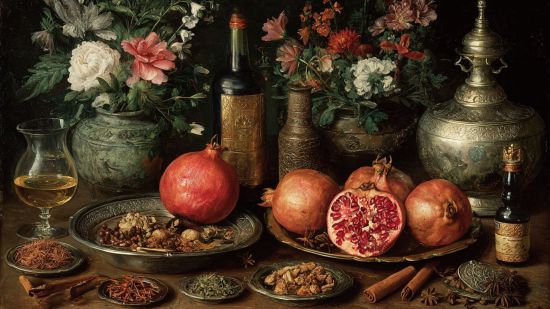 Especias, granadas, vinos, flores