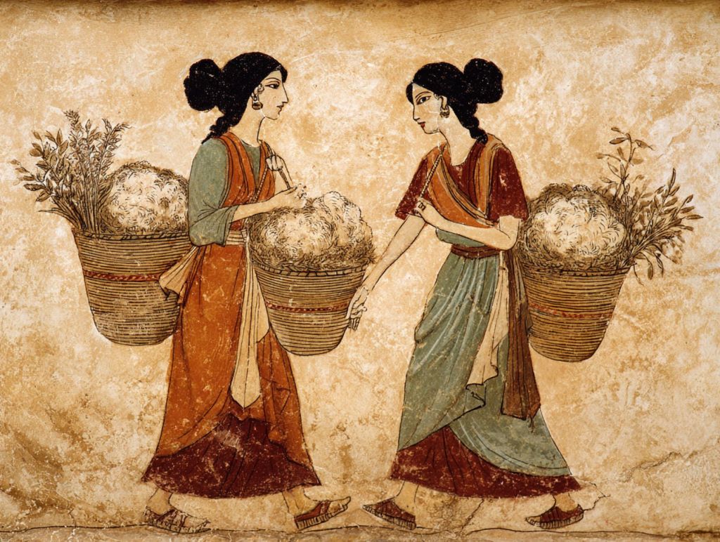 Dos mujeres llevando lana