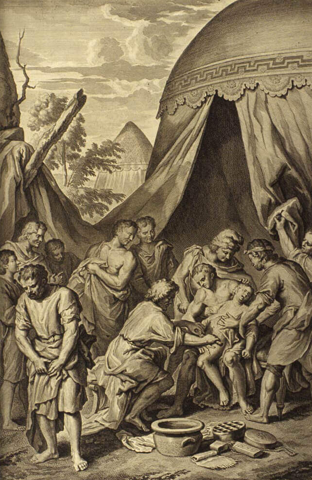 Abraham circuncida a Ismael y a todos los varones de su casa, según el relato del Génesis (17:23). Ilustración de Figures de la Bible (1728), obra de Gerard Hoet y otros artistas. Imagen cortesía de la Bizzell Bible Collection, University of Oklahoma Libraries.