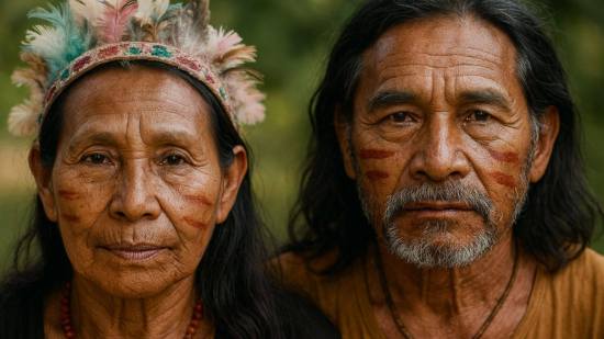 Recreación artística de una pareja indígena, inspirada en los rasgos culturales y estéticos de comunidades como los Guaraní Kaiowá