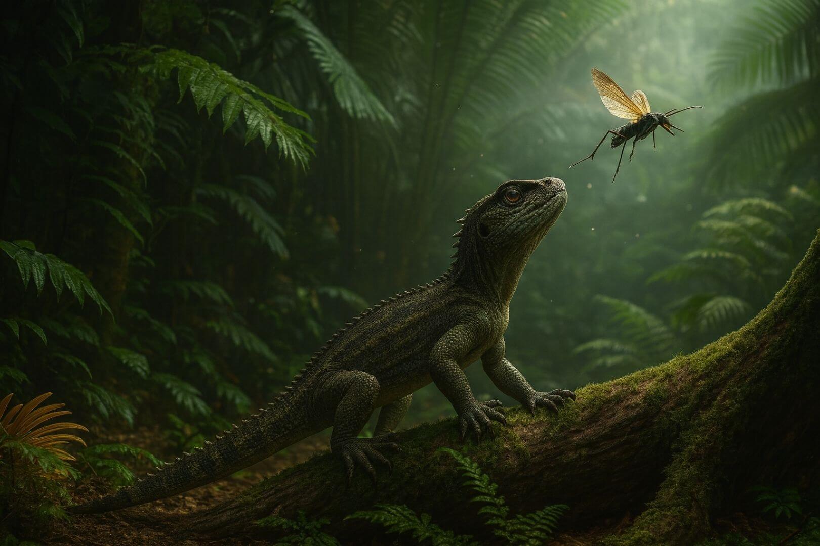 Reconstrucción visual de un antiguo lepidosaurio en su hábitat prehistórico